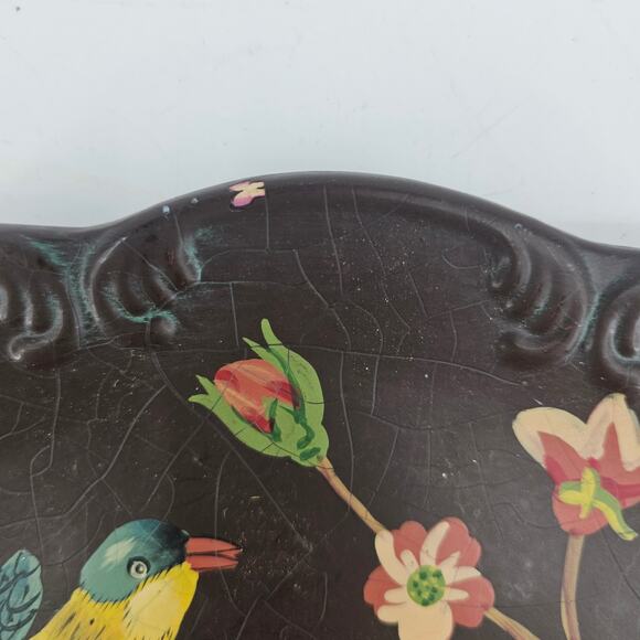Vintage Handpainted Floral & Fauna Bird Tray Plate Ceramic Moody Cottagecore - Picture 8 of 9